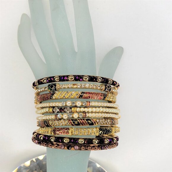 Pearls and Crystal Rhinestones Fashion Bangles Set of Ten - Picture 4 of 13